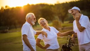 Three senior adults wearing white shirts stand on a golf green while talking and laughing as the sun sets.