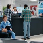A busy hospital emergency room reception desk area. Patients sit and stand in the waiting area talking to nurses.
