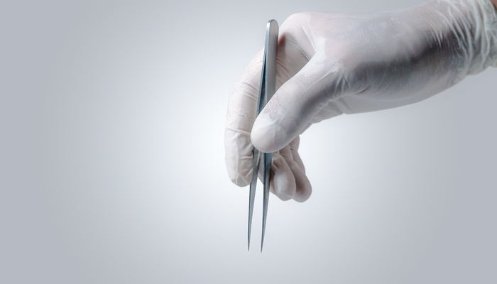 A close-up of a hand wearing white latex gloves. The hand holds stainless tweezers down against a gray background.