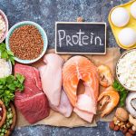 A variety of protein sources, including meats, nuts, and dairy products, displayed with a chalk sign labeled "Protein."